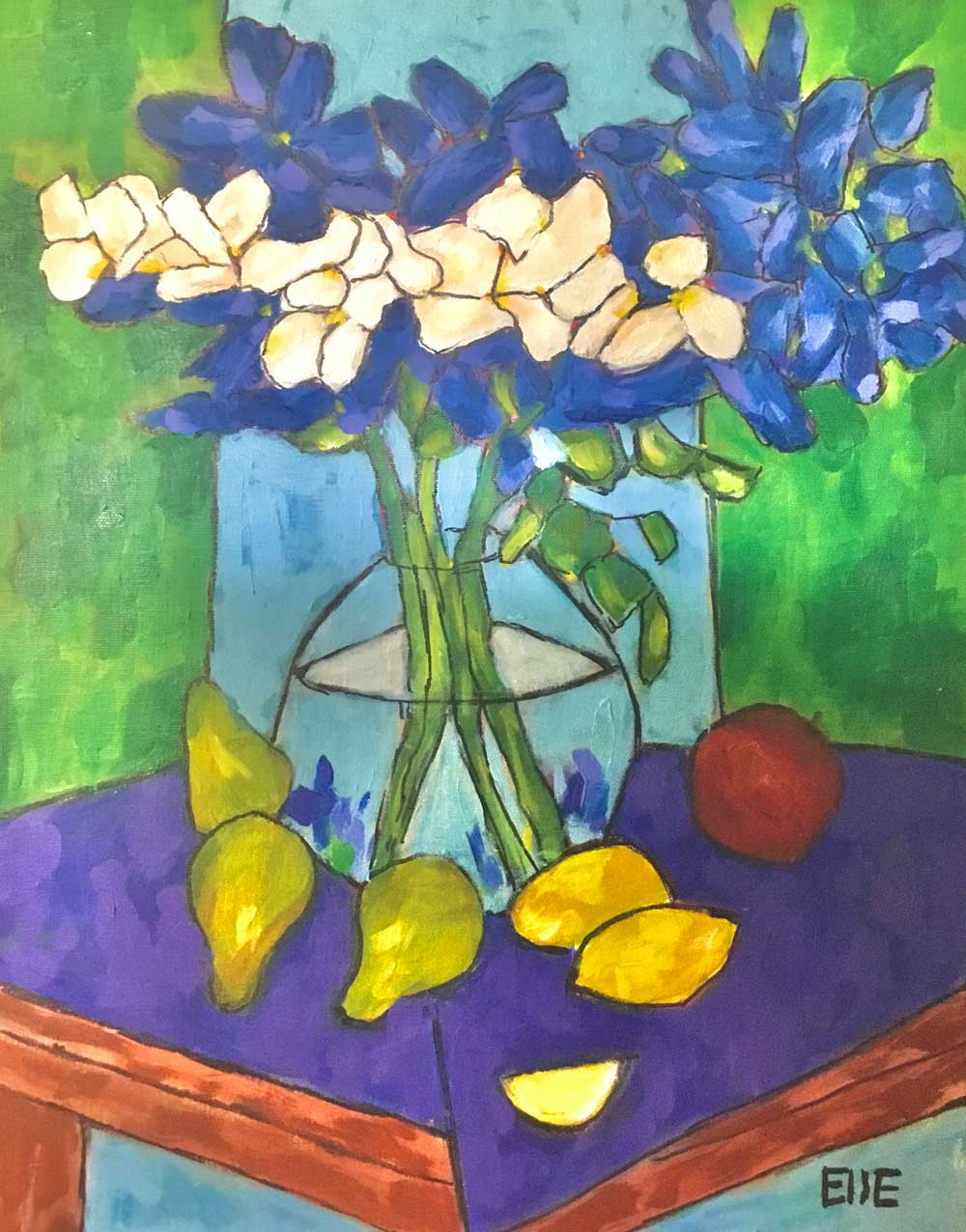 White and blue flowers in acrylic paint
