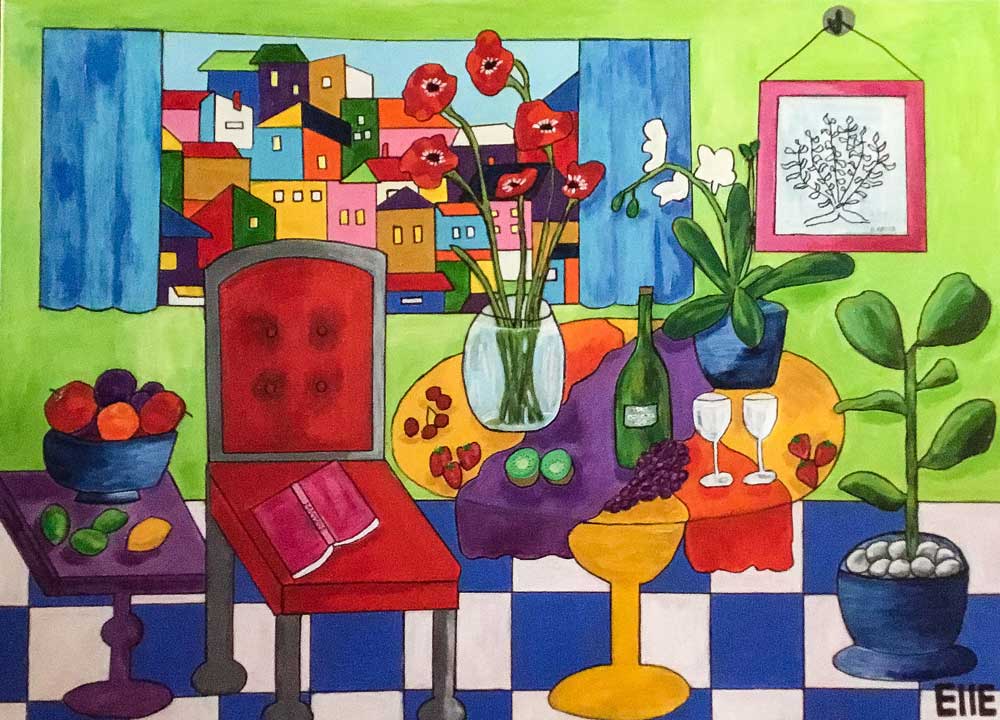Colorful cubist painting of interior