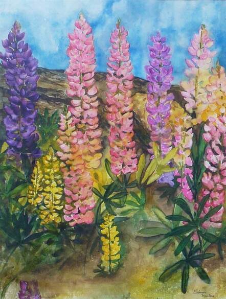 Watercolor of pink and blue lupine