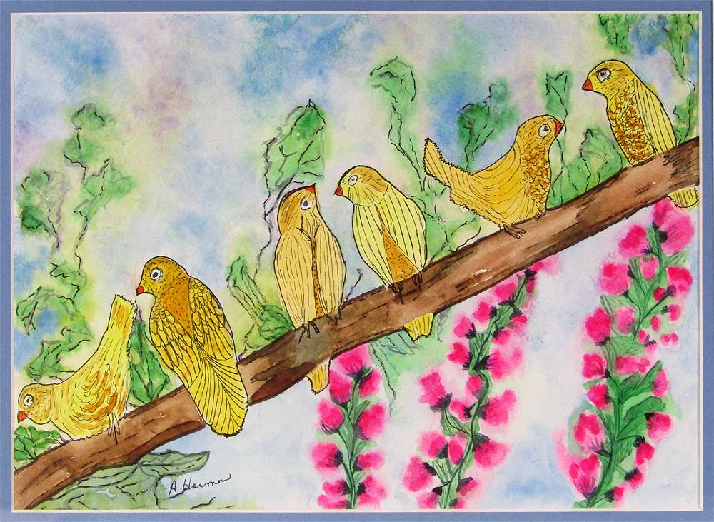 Watercolor of yellow birds