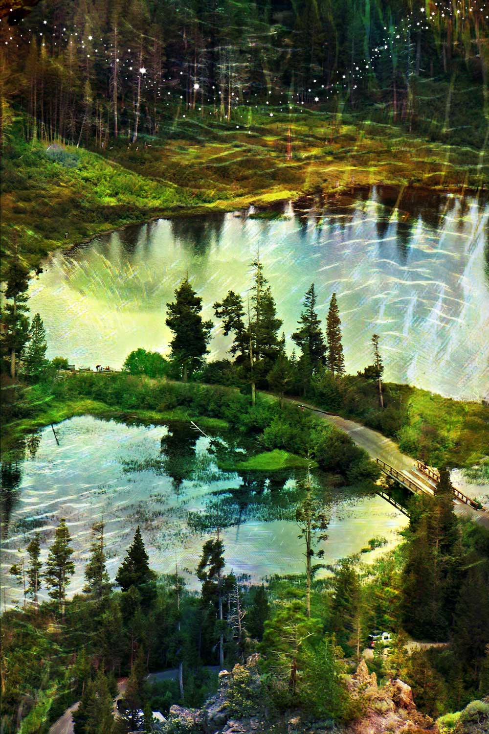 Digital painting of trees and lakes