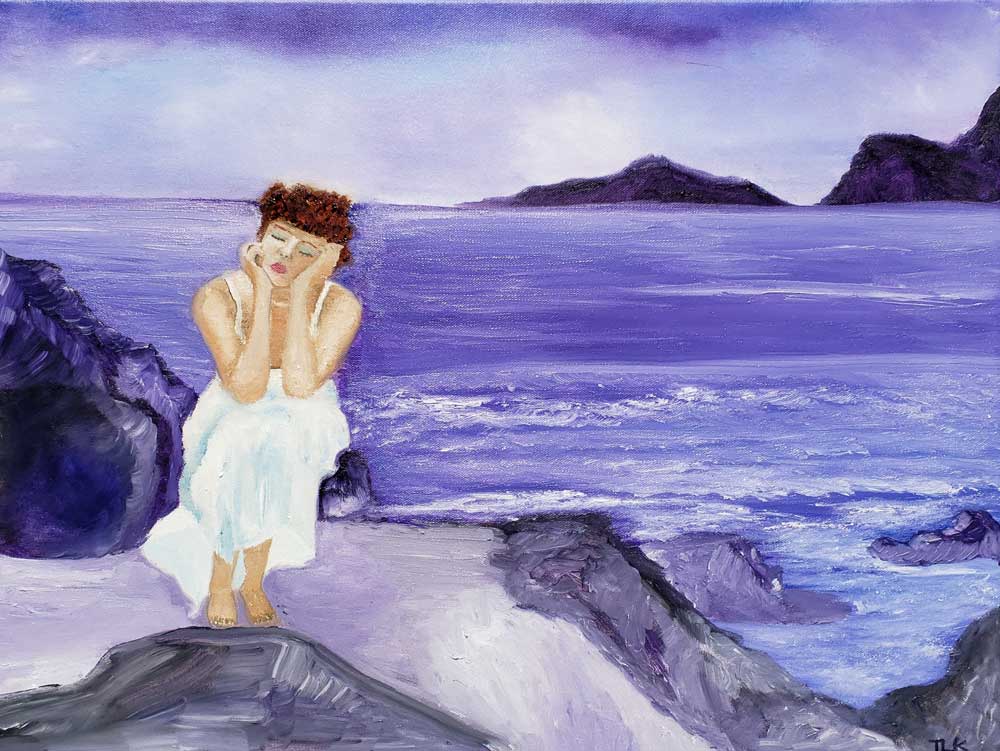Painting of lady by purple ocean by Tabitha Kremesec