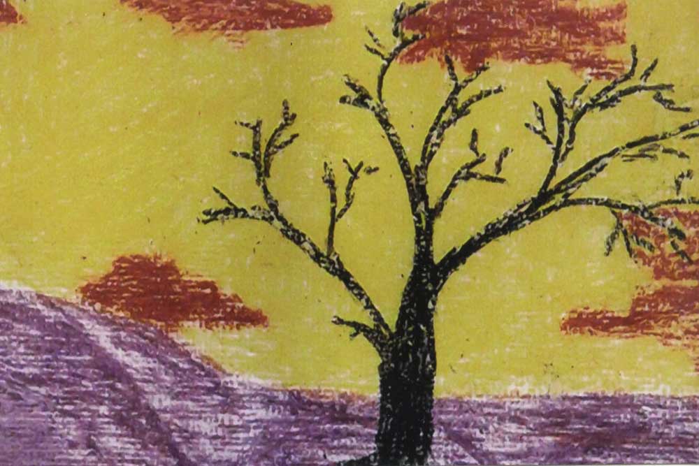 Oil pastel of tree in yellow sky by Arvid Morrow