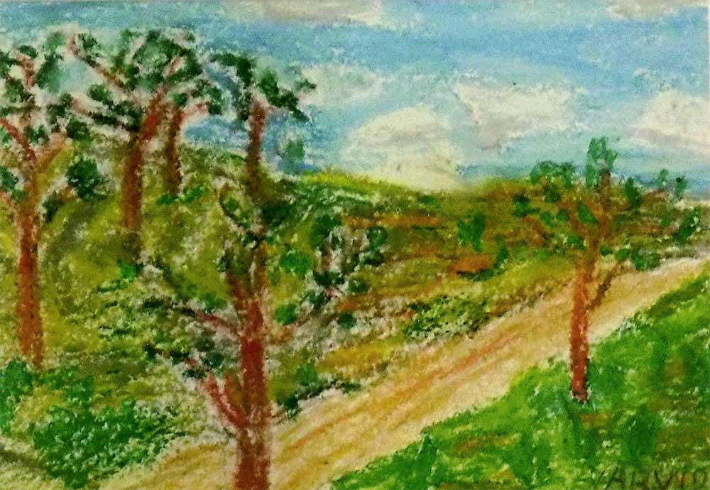 Oil pastel of road through landscape by Arvid Morrow