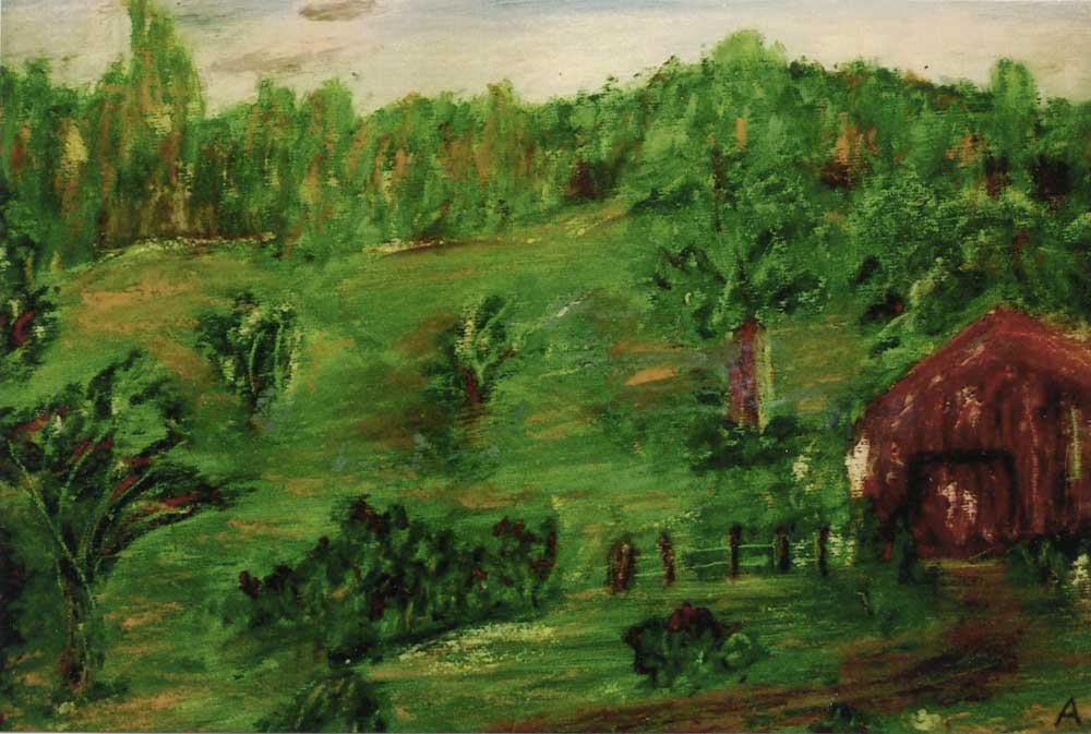Oil pastel of green hill and red barn by Arvid MorrowPicture