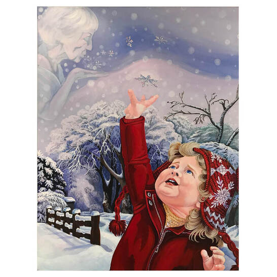 Painting of little girl in snow by California Artists Lori Kelly