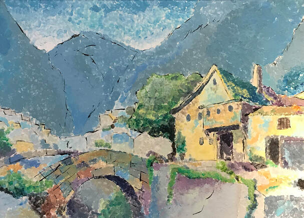 Pointalist painting in blue and yellow tones of house, bridge and mountains