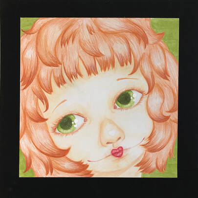 Color pencil drawing of girl with red orange hair and green eyes with mouth painted like a doll