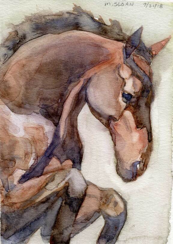 Watercolor painting of horse jumping