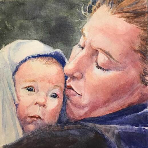 Watercolor painting of mother and baby