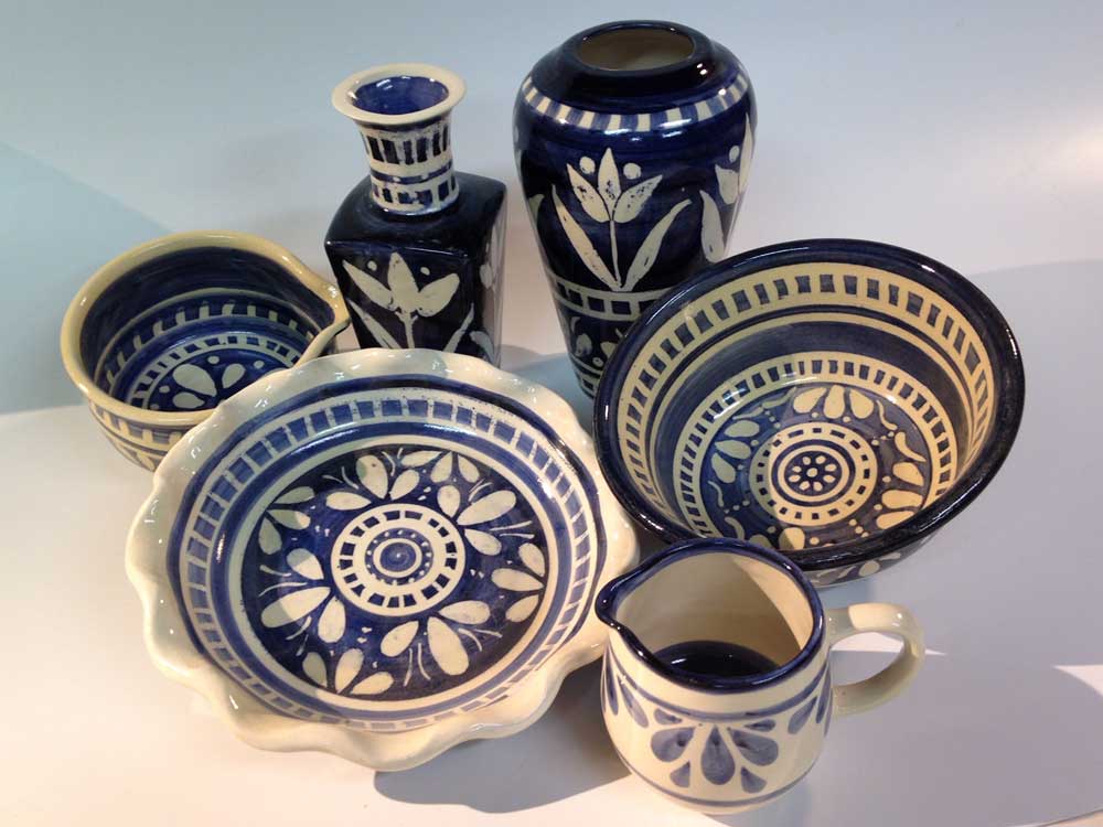 Indigo blue decorated pottery by Pamela Quyle