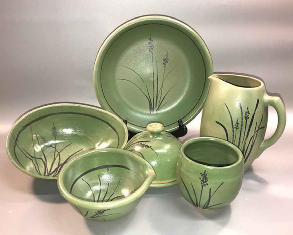 Handmade green pottery by Pamela Quyle
