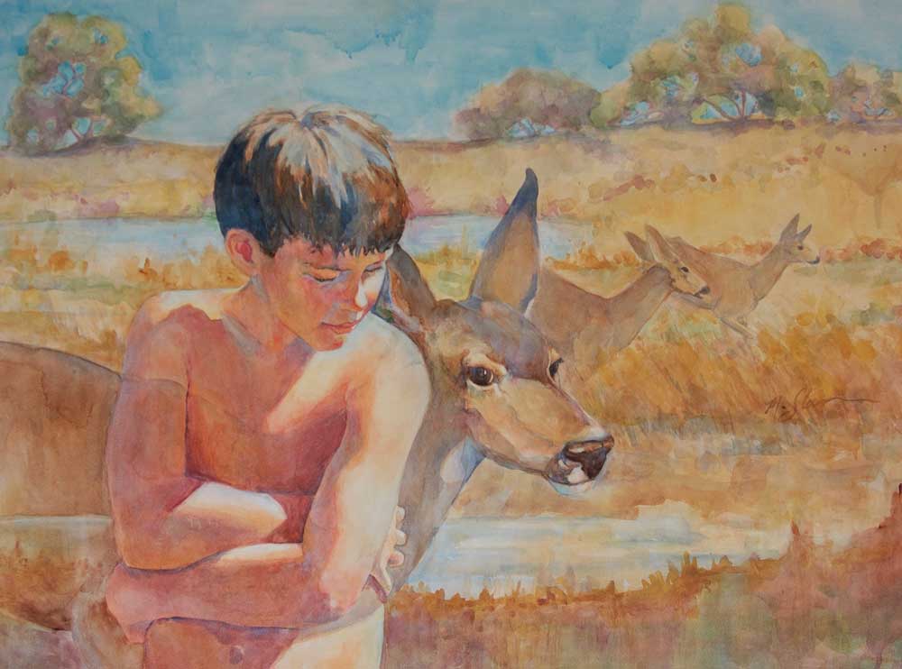 Watercolor of boy and deer
